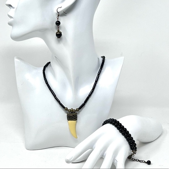 Boho faux claw obsidian necklace + double strand jasper bracelet & earrings - Picture 1 of 8